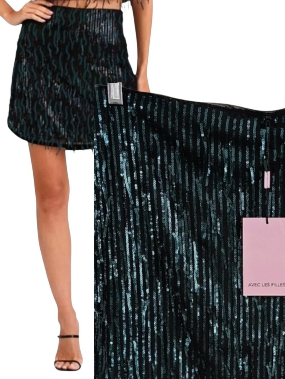 Avec Les Filles Swiftie Esthetic Teal Sequin Fringe Mini Skirt small